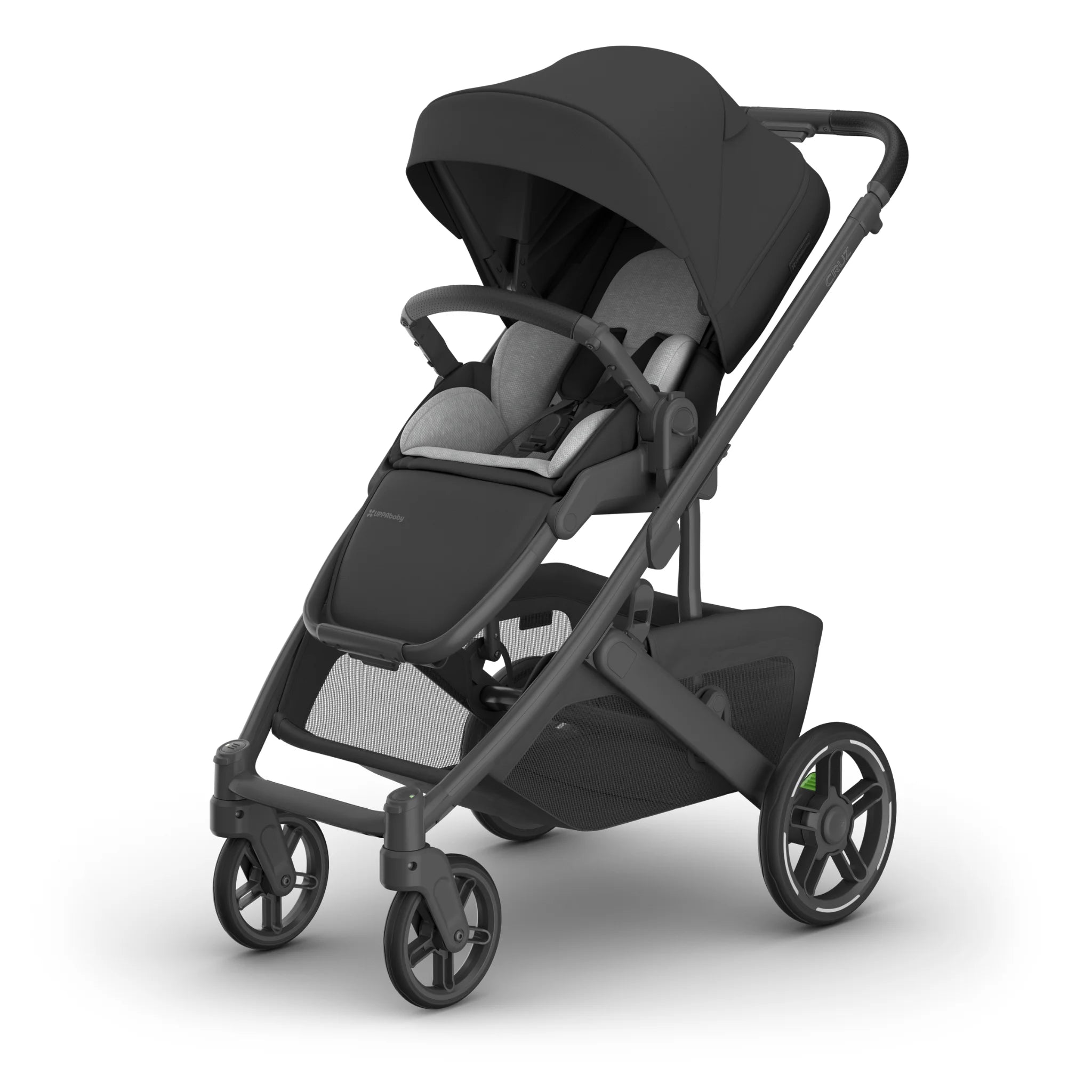 UPPAbaby Cruz V3 pram in Jake with newborn insert on white background.