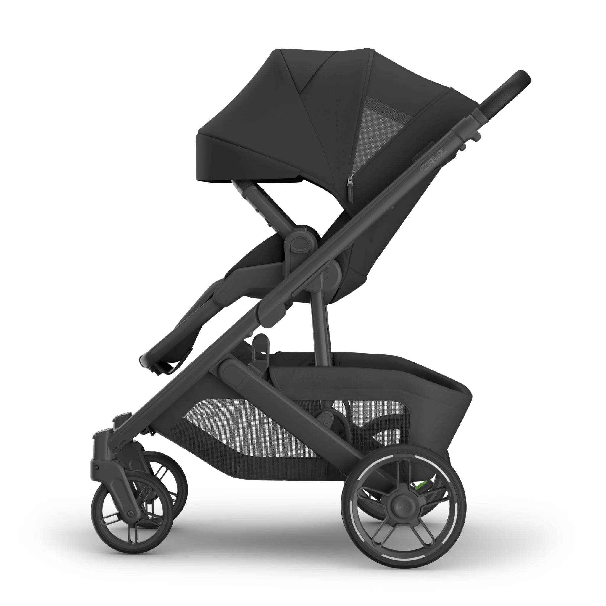 Side shot of the Cruz V3 in Jake with sunshade extended on white background.