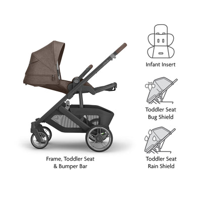 Cruz V3 pram with illustrations of what's in the box on a white background.