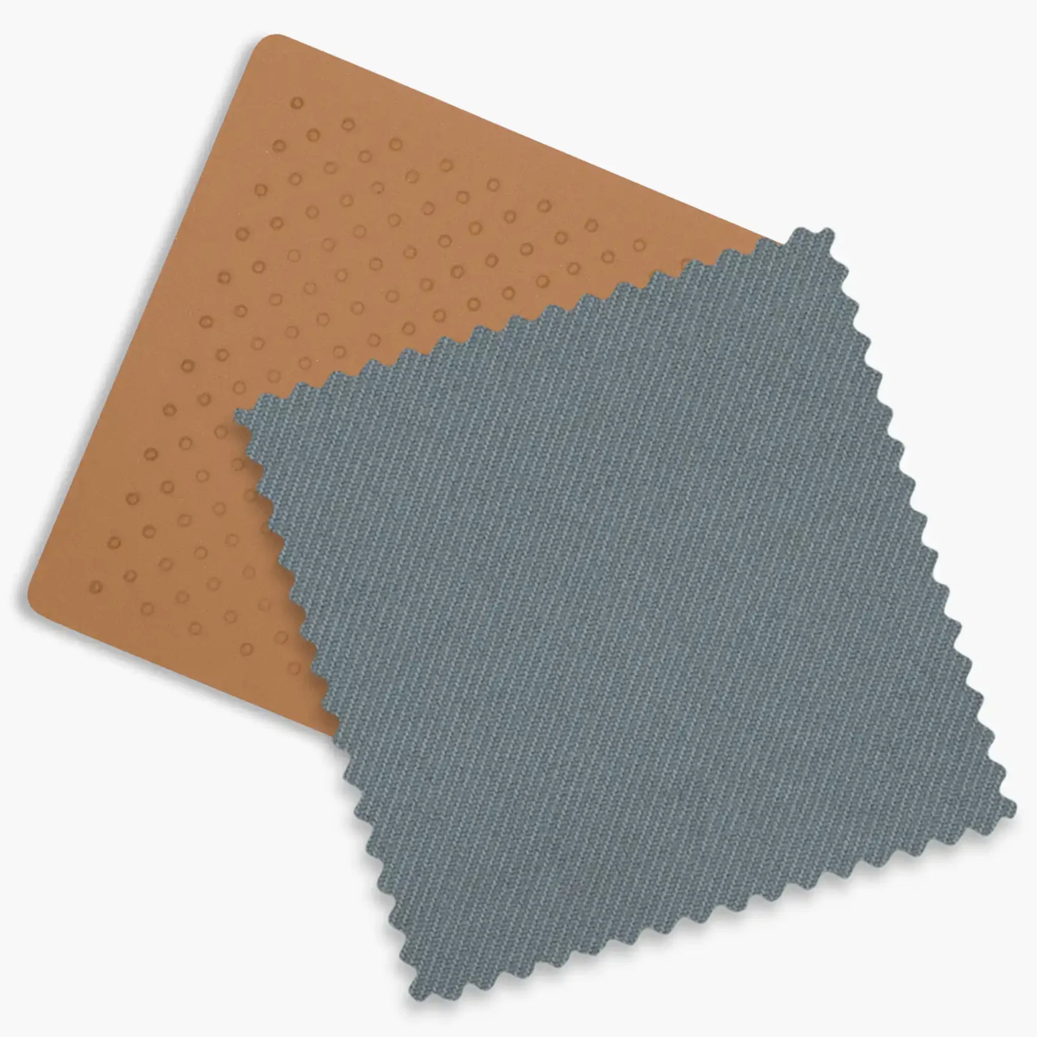 Two swatches showing the sand leather and stone blue fabric of the UPPAbaby Dillan fashion