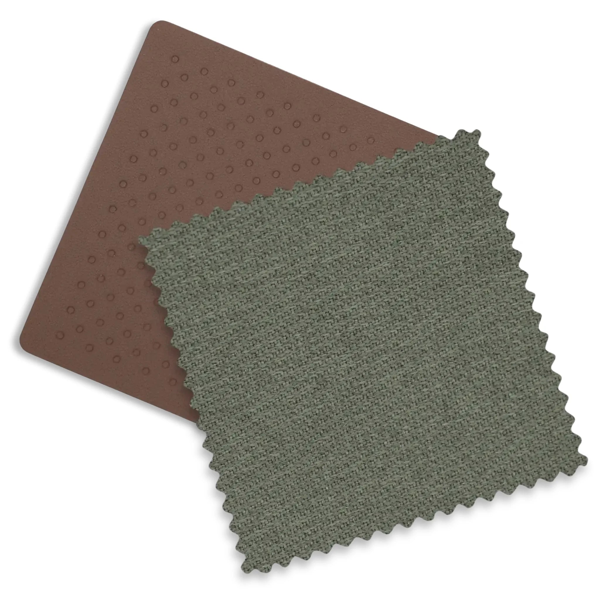 Close up of the chestnut leather and meadow green fabric on the Evelyn fashion.