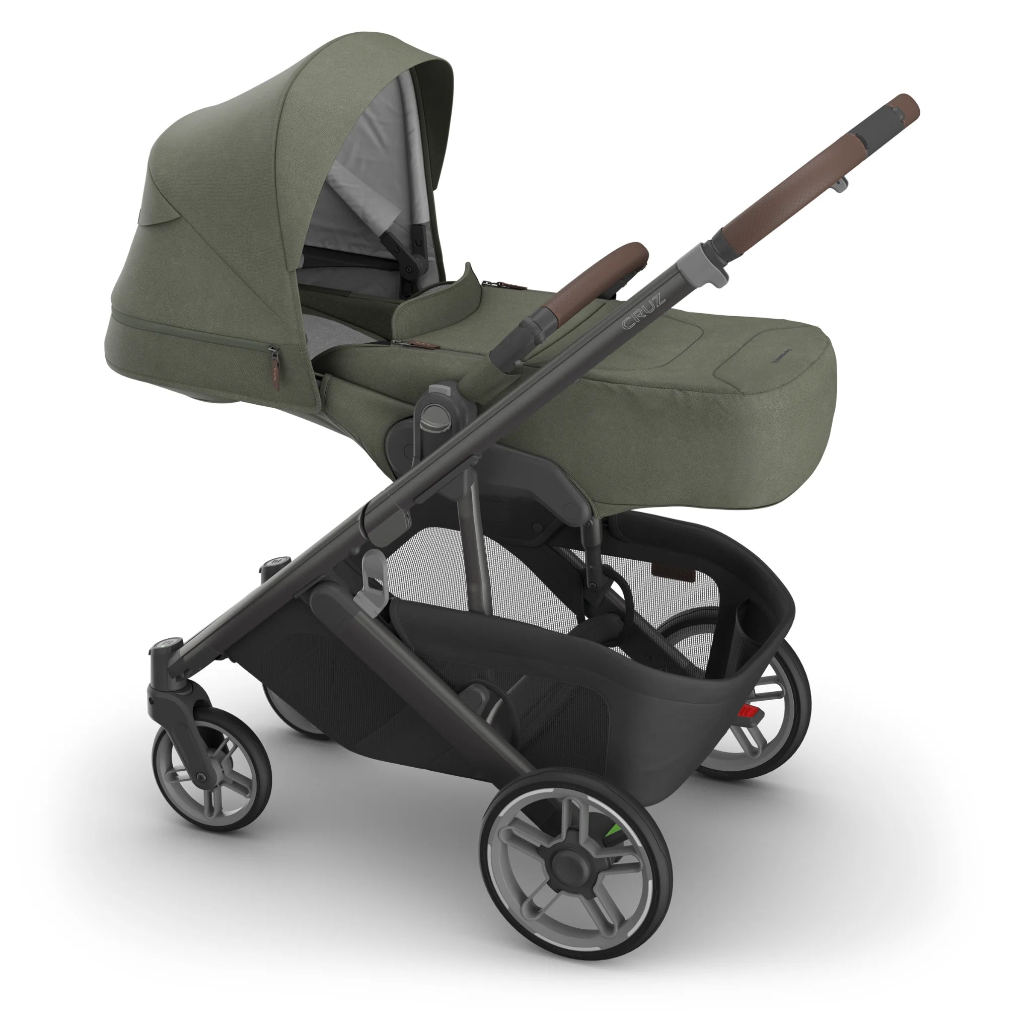 Side view of the UPPAbaby Cruz V3 stroller with the Infant Cover in Evelyn, featuring an olive green canopy and newborn-ready enclosure