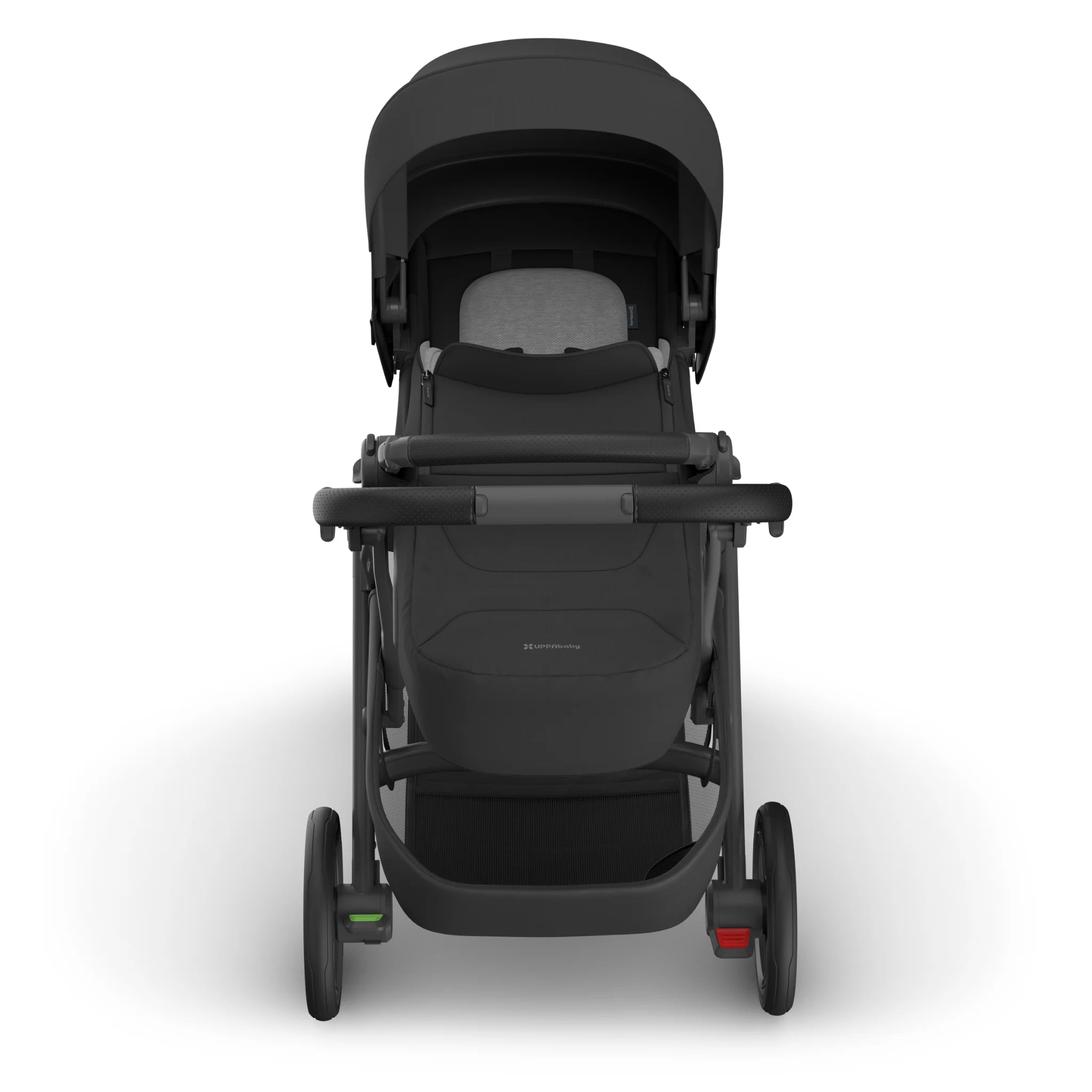 Front view of the UPPAbaby Cruz V3 stroller with the Infant Cover in Jake, featuring a black canopy and newborn-ready enclosure