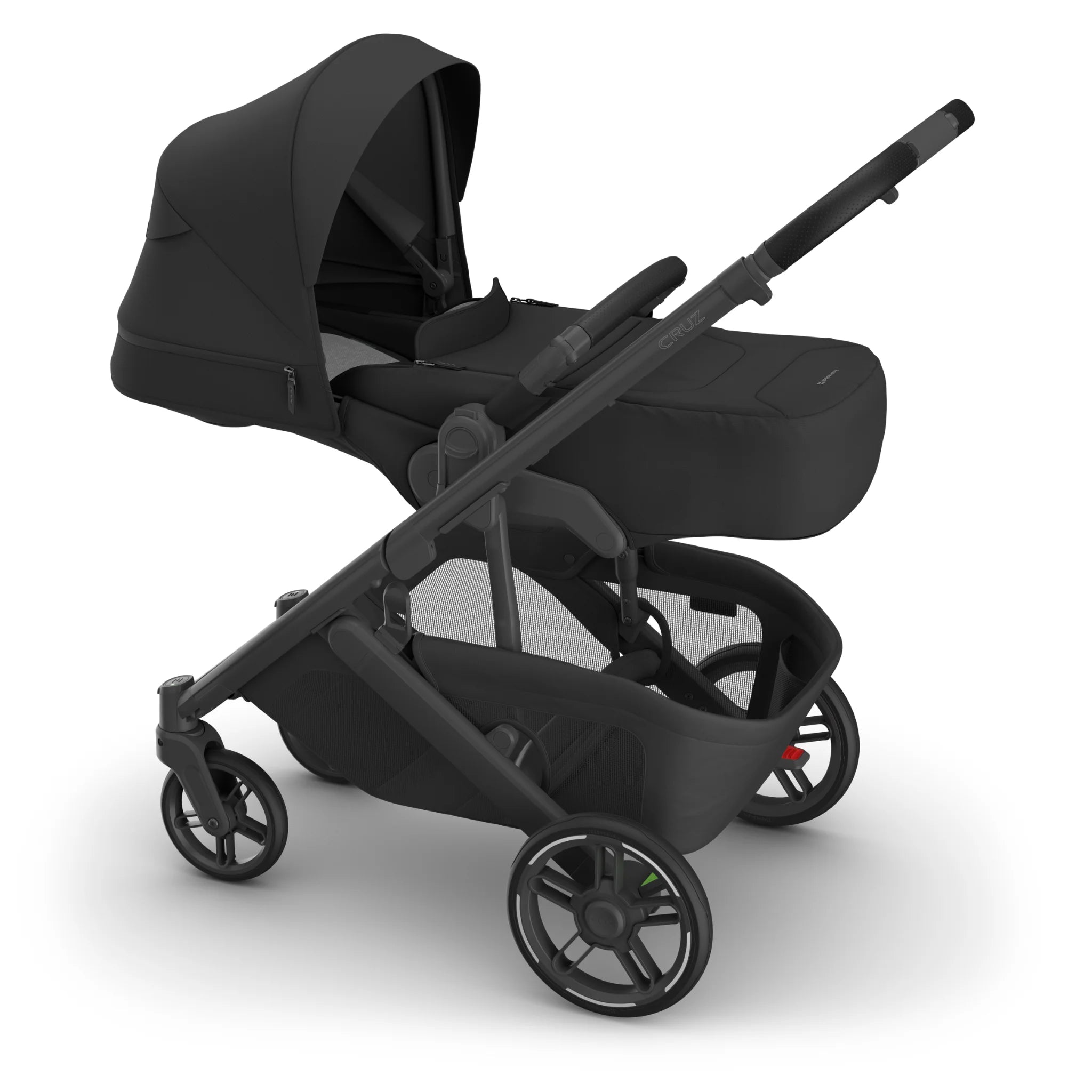 Side view of the UPPAbaby Cruz V3 stroller with the Infant Cover in Jake, featuring a black canopy and newborn-ready enclosure.