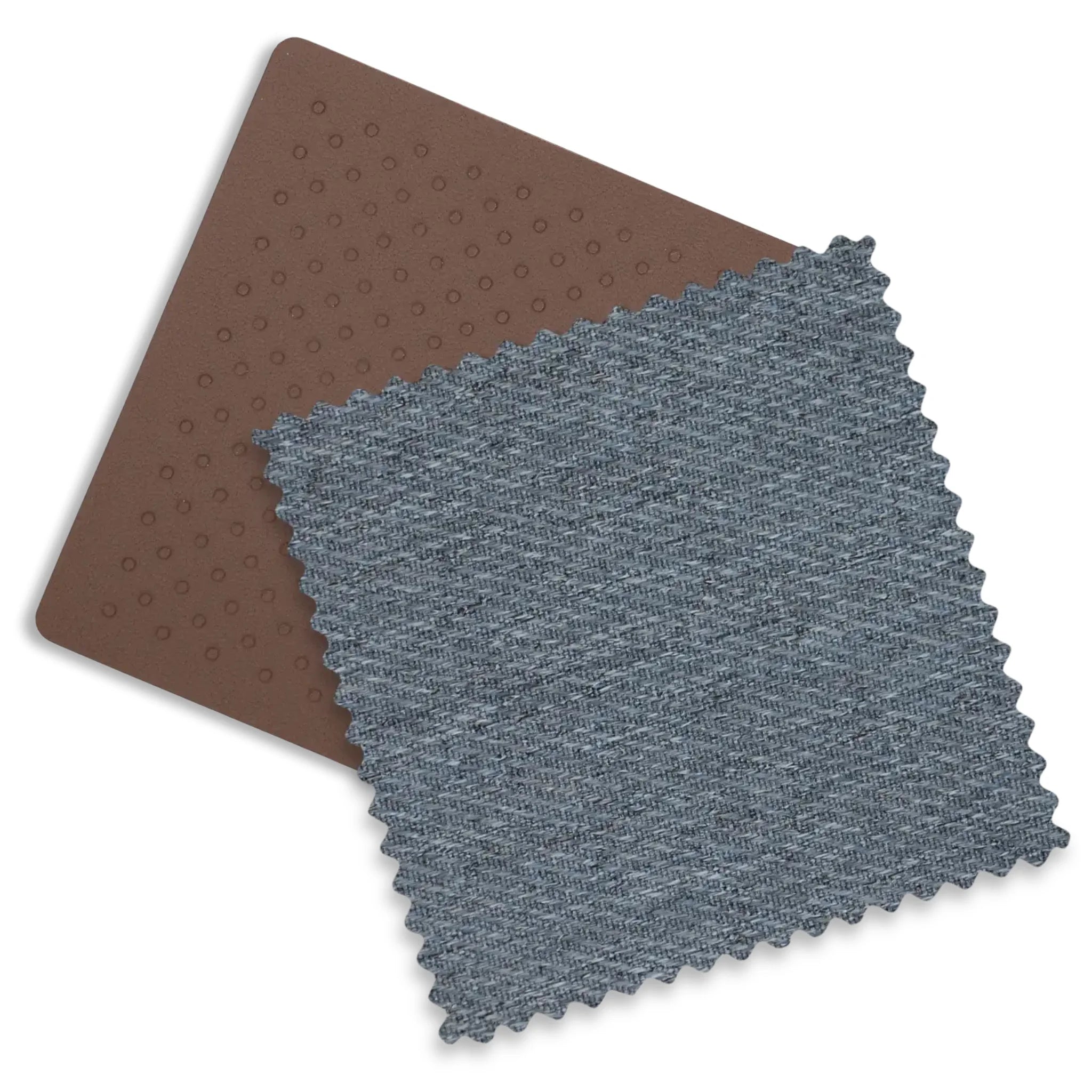 Close up of the chestnut leather and dusty blue melange fabrics on the Julian fashion.