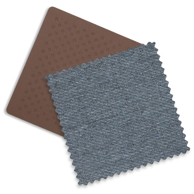 Close up of the chestnut leather and dusty blue melange fabrics on the Julian fashion.