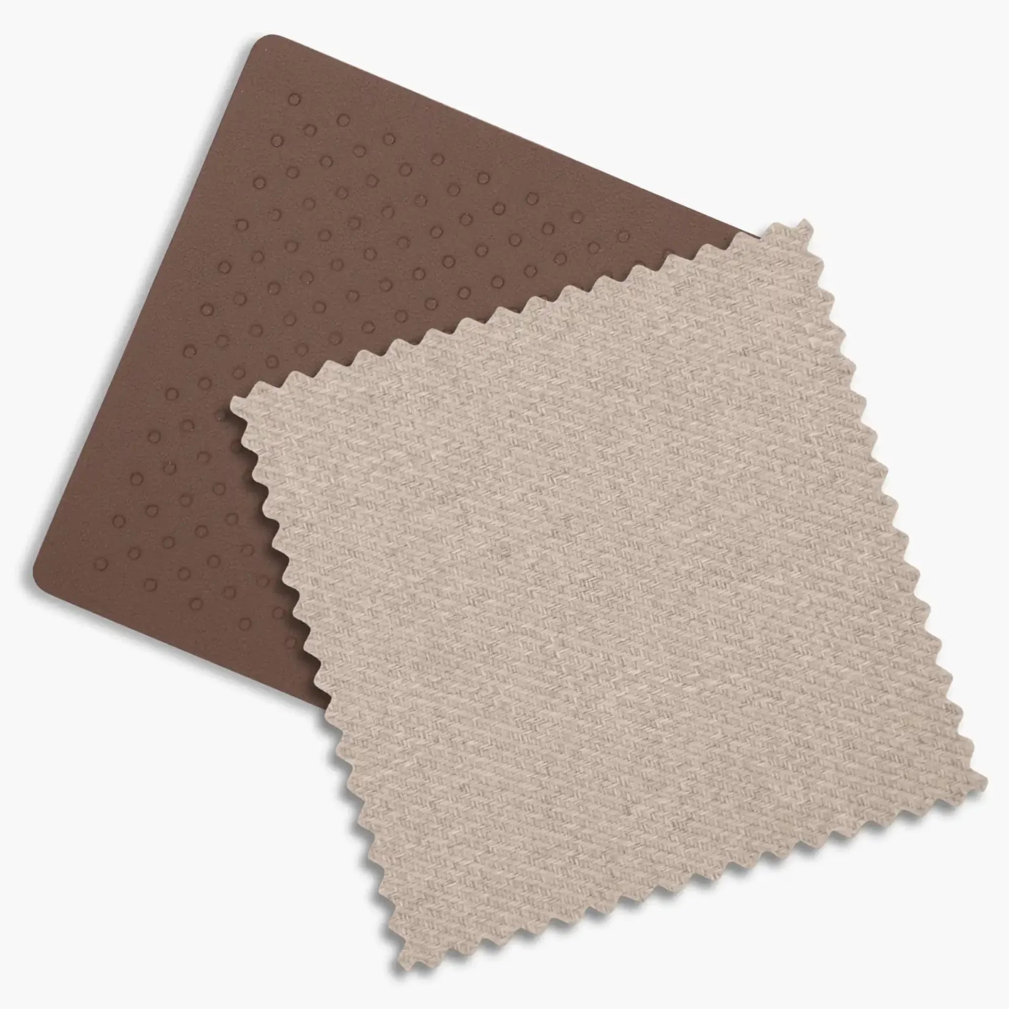 Close-up of fabric swatches of the chestnut leather and oat melange fabric of the Liam fashion.