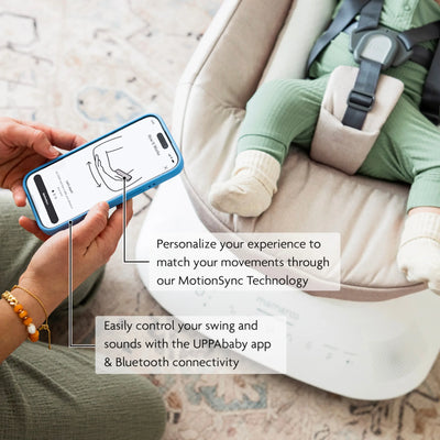 Feature call-outs of smart control of UPPAbaby Mamroo swing.