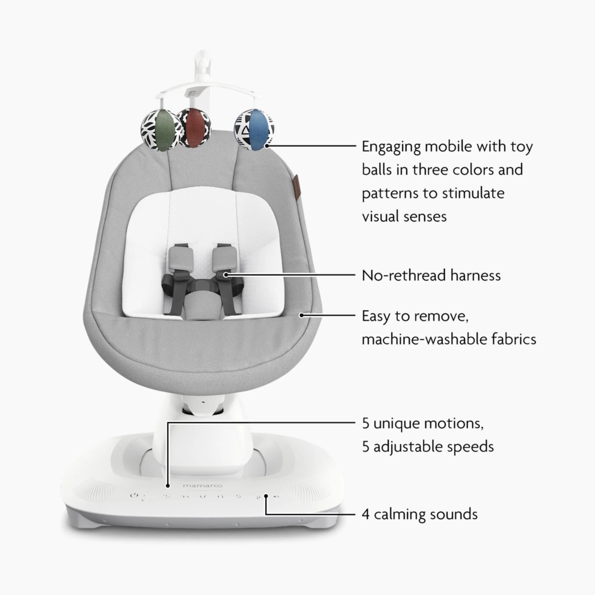 UPPAbaby mamroo smart swing on white background with features call-out in Stella.