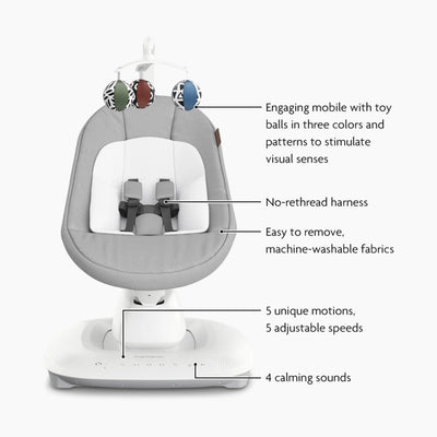 UPPAbaby mamroo smart swing on white background with features call-out in Stella.