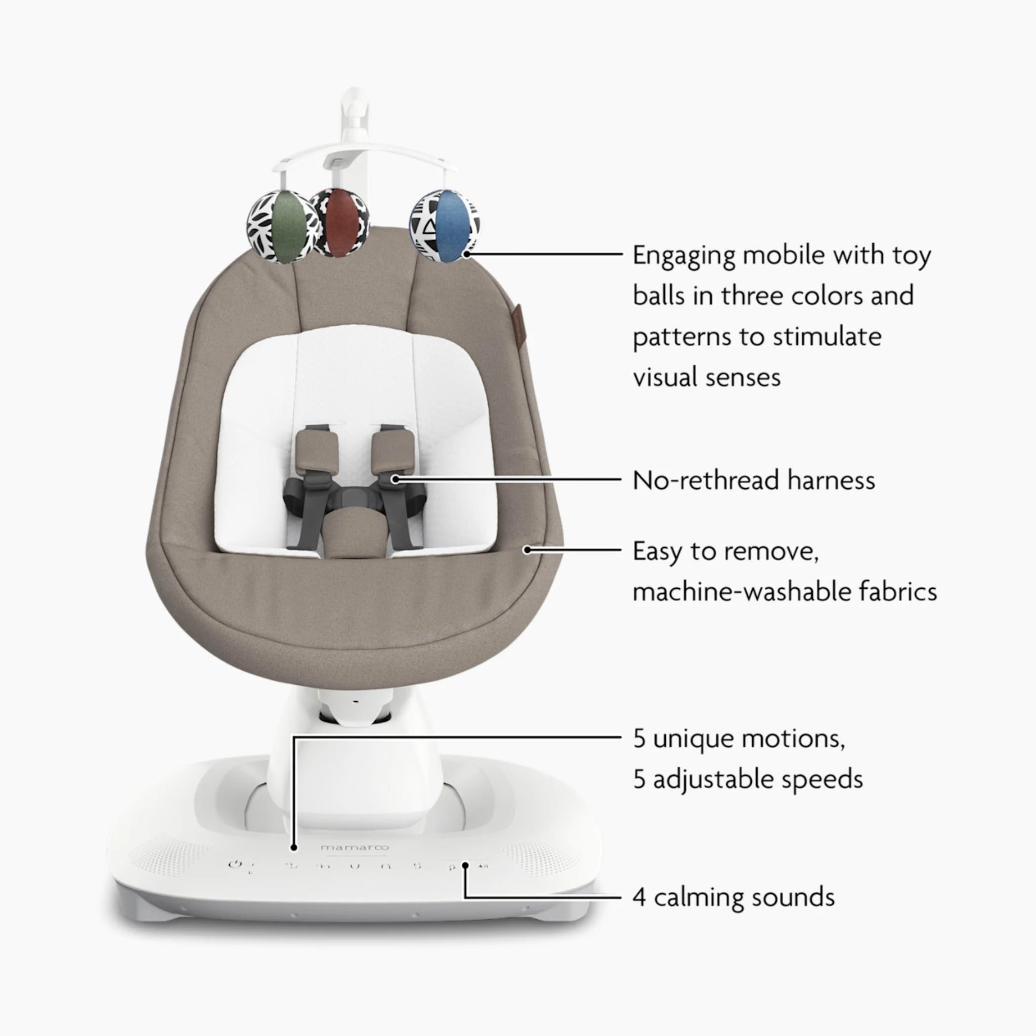 UPPAbaby mamroo smart swing on white background with features call-out in Wells.