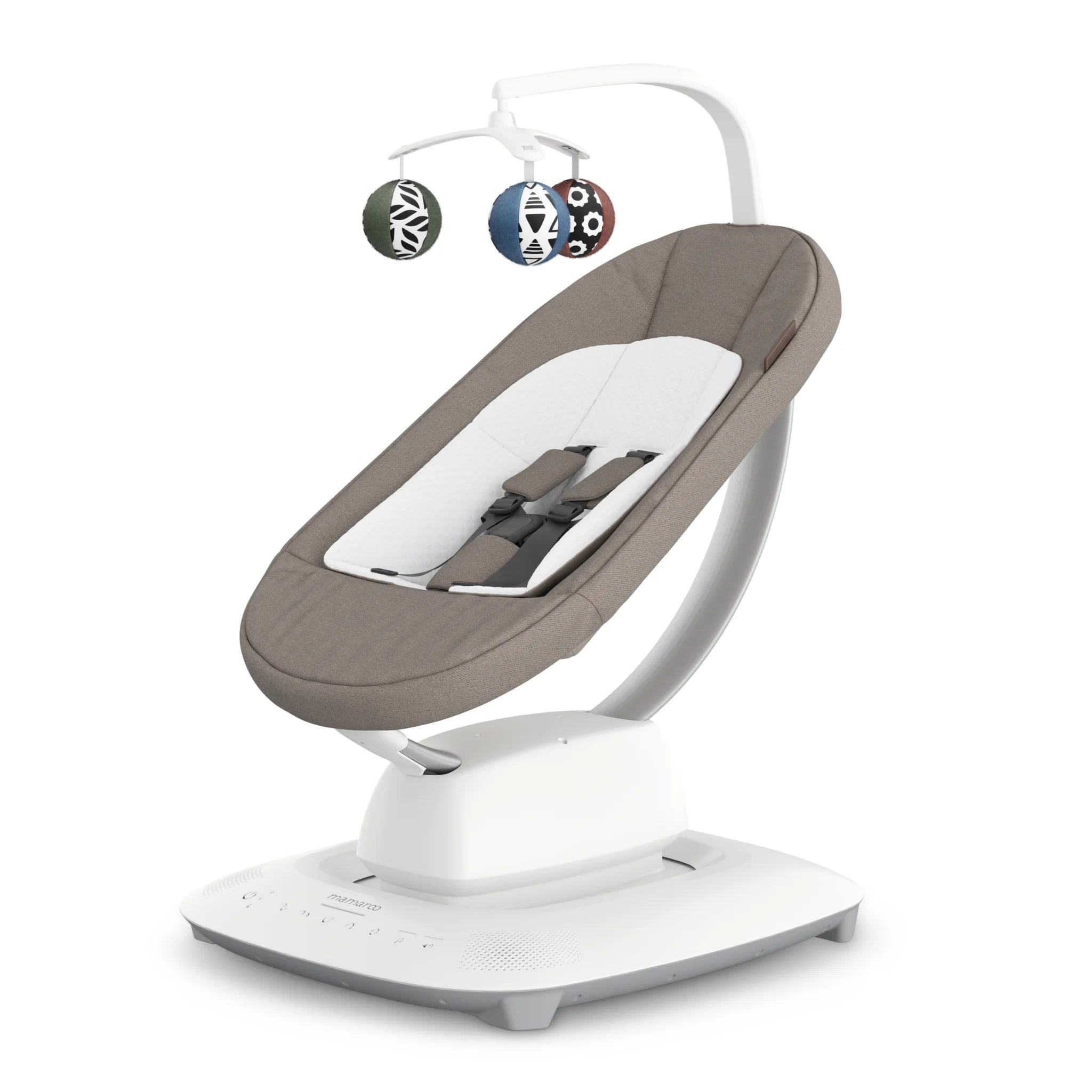 Baby swing in taupe with toys on white background.
