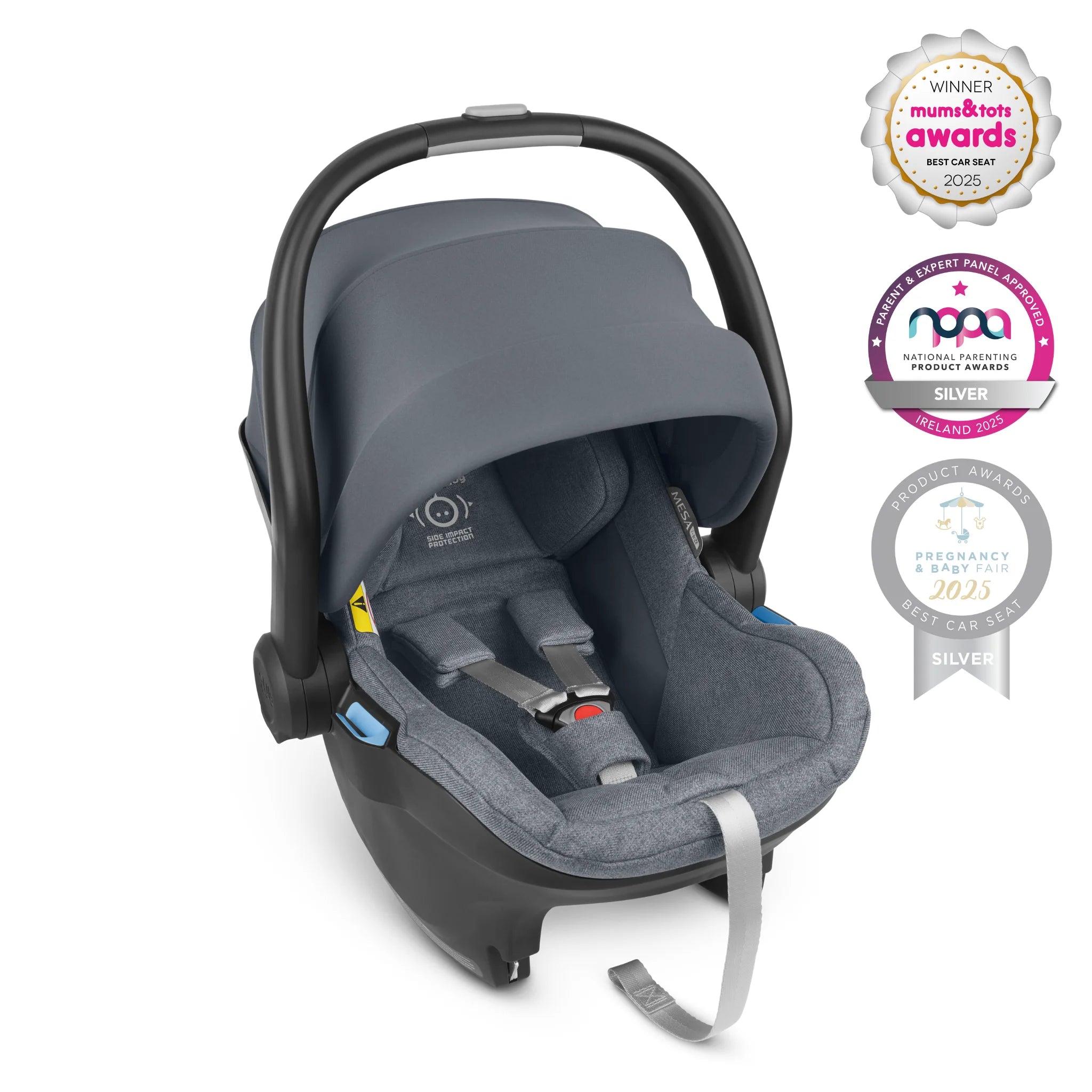 Mesa car seat for infants in Gregory with awards logos on a white background.