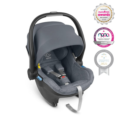 Mesa car seat for infants in Gregory with awards logos on a white background.