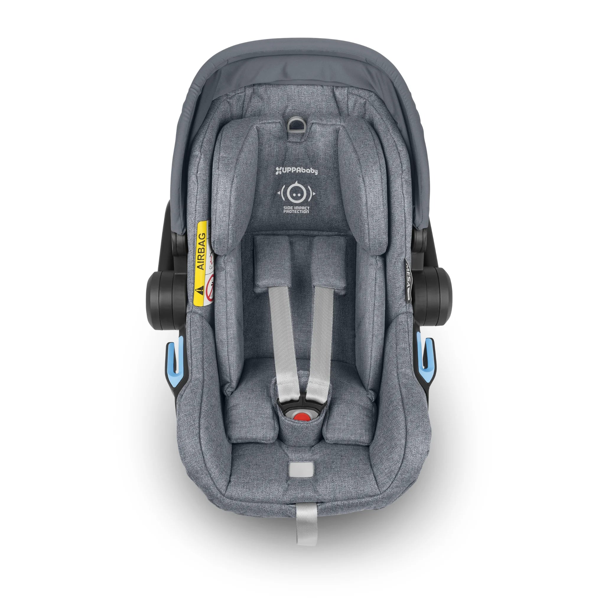 Top down shot of the Gregory Mesa car seat with handle and canopy pushed out of the way.