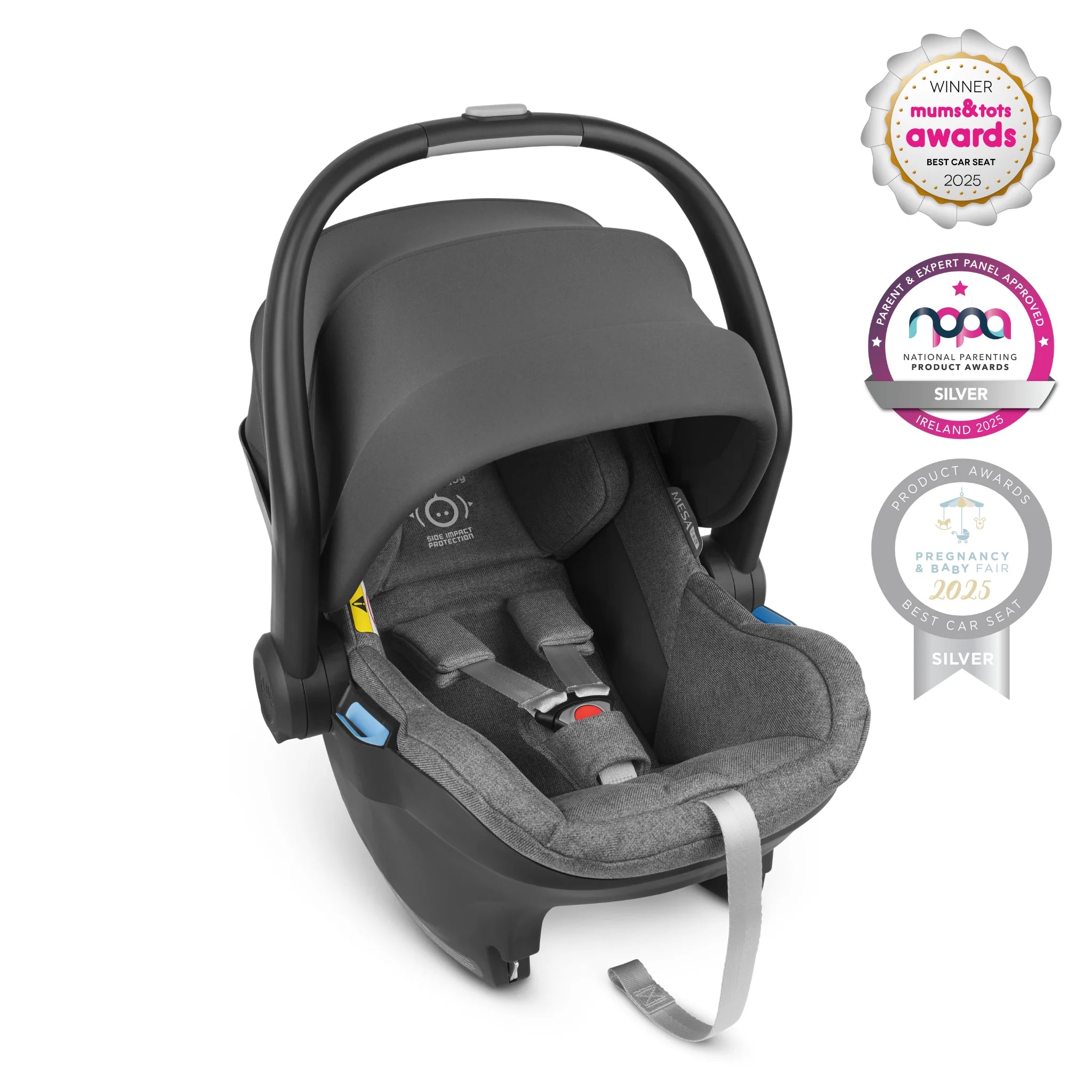 Mesa car seat for infants in Greyson with awards logos on a white background.