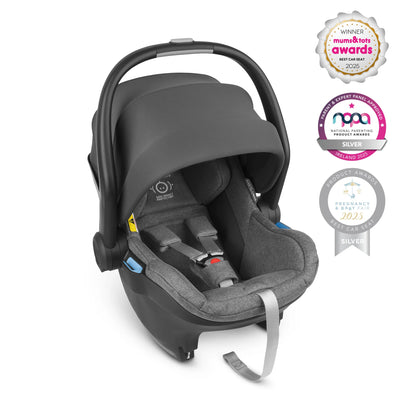 Mesa car seat for infants in Greyson with awards logos on a white background.