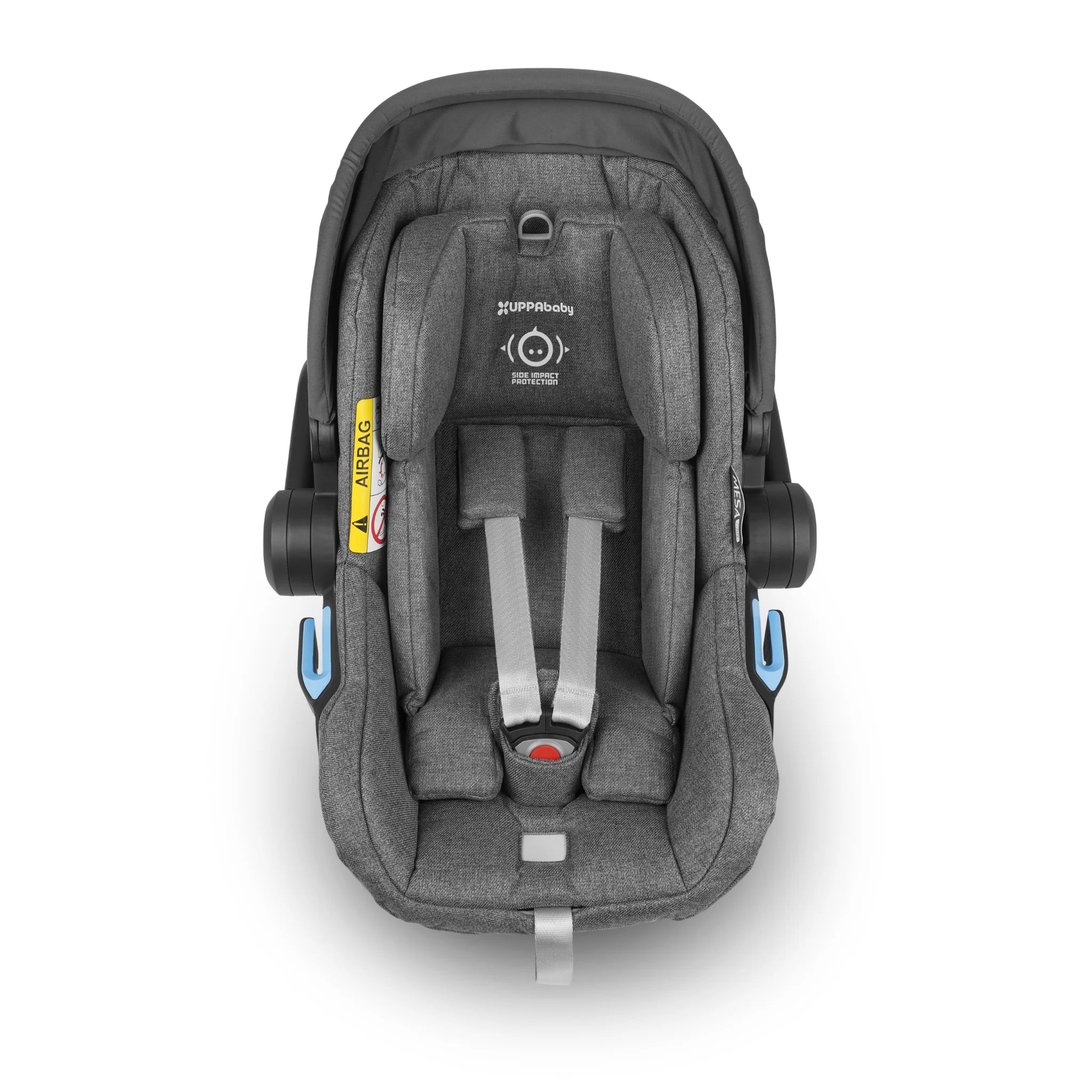 Top down shot of the Greyson Mesa car seat with handle and canopy pushed out of the way.