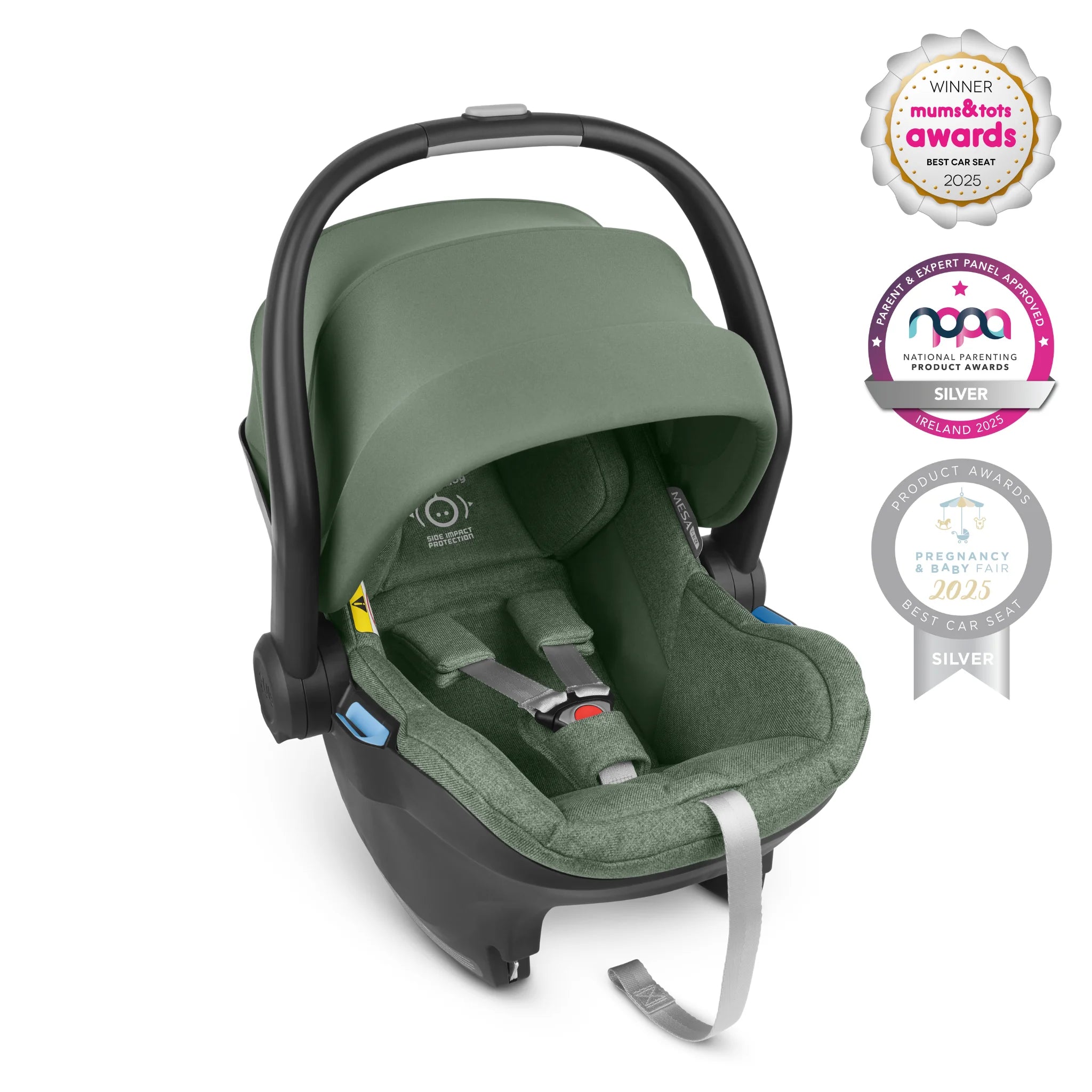 Mesa car seat for infants in Gwen with awards logos on a white background.