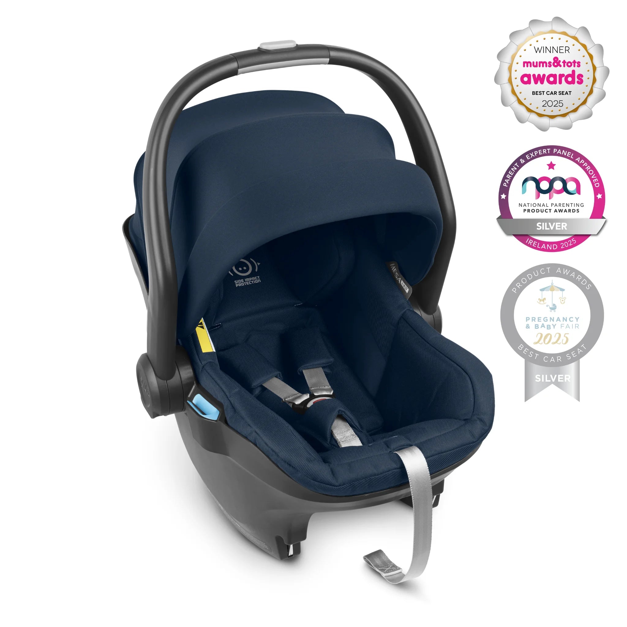 Mesa car seat for infants in Noa with awards logos on a white background.