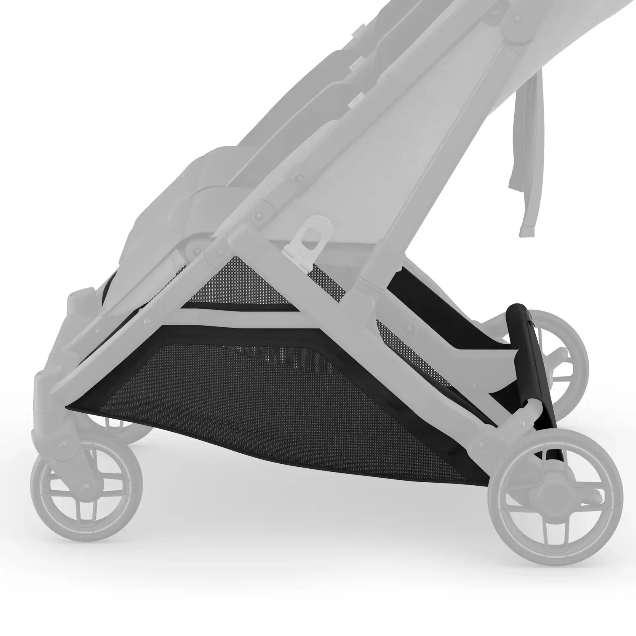Black mesh storage basket fabric attached underneath a UPPAbaby Minu Duo stroller frame, shown on a white background.