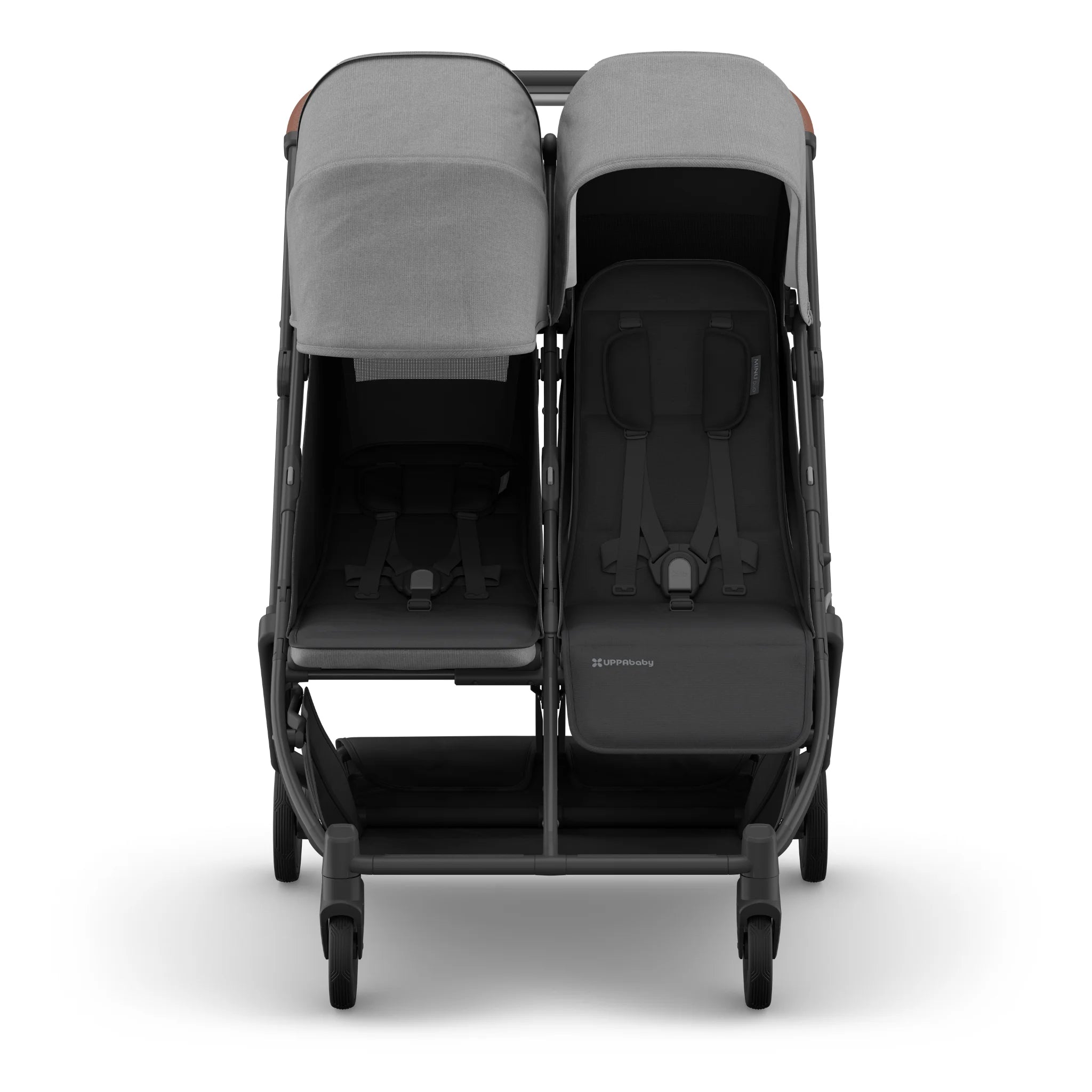 Side by side lightweight pram with two independent seats with adjustable canopy and footrests.