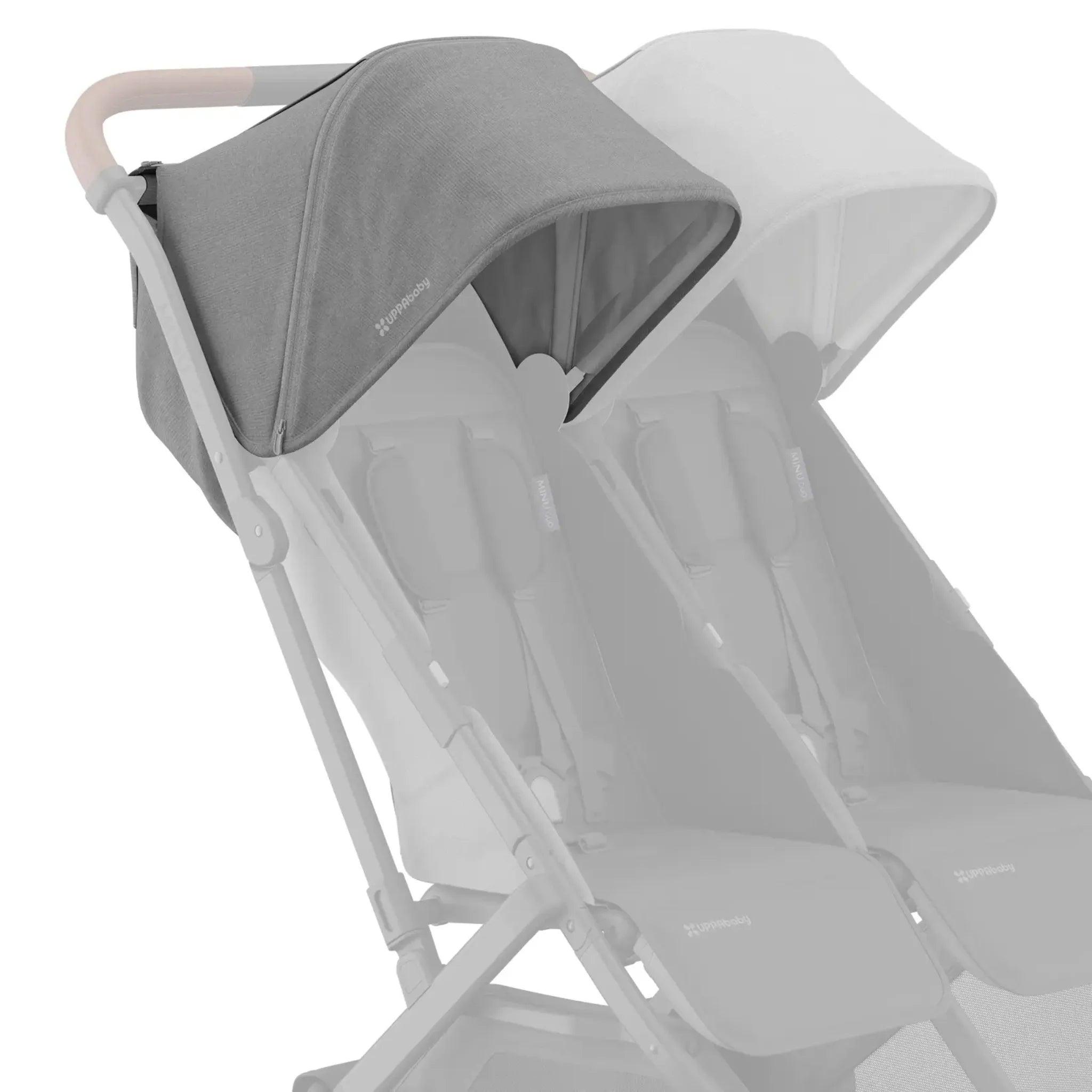 Gray replacement canopy fabric attached to the left side of a UPPAbaby Minu Duo double stroller frame, shown on a white background with the opposite canopy faded out.