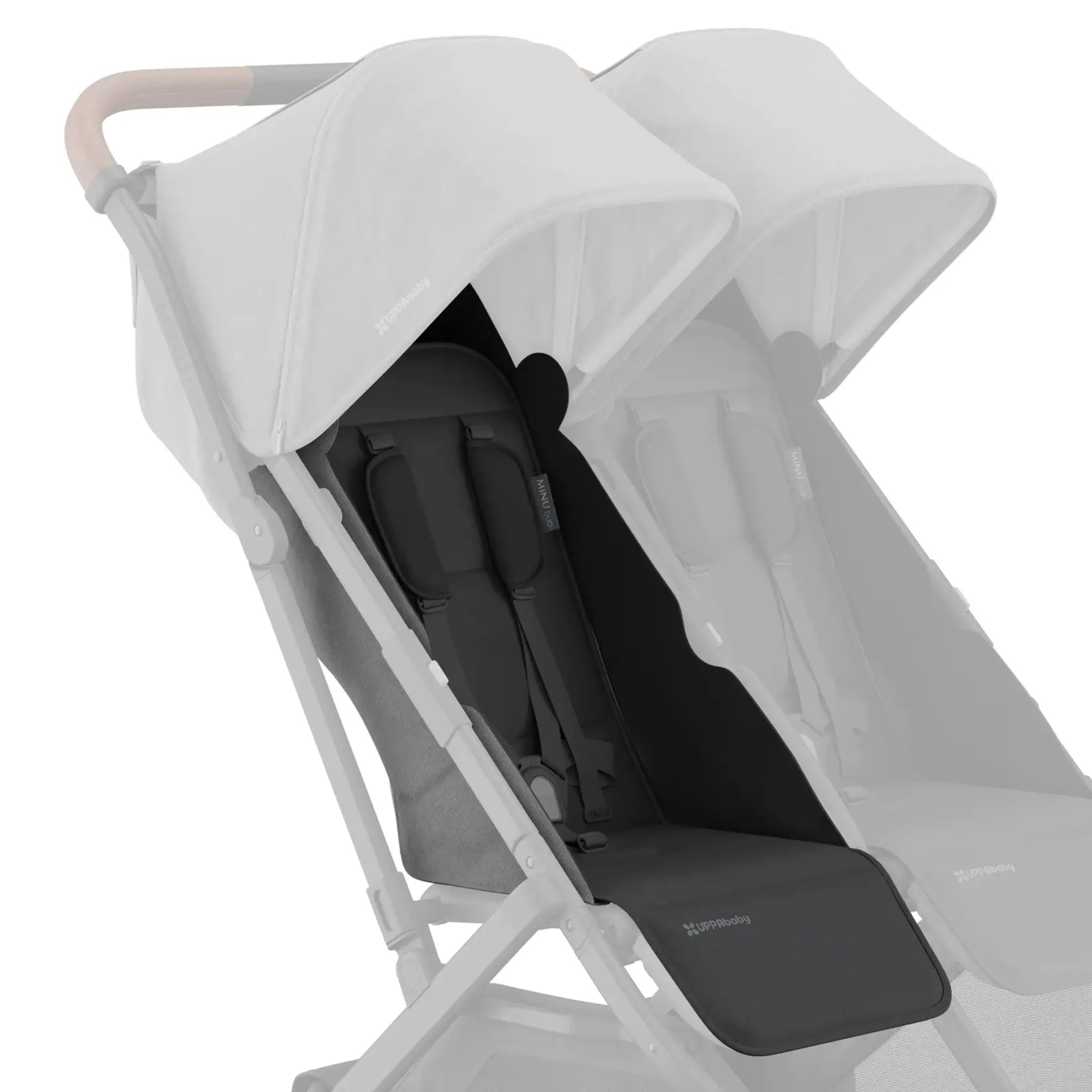Black replacement seat fabric installed on the left side of a UPPAbaby Minu Duo double stroller frame, shown on a white background with the opposite seat faded out.