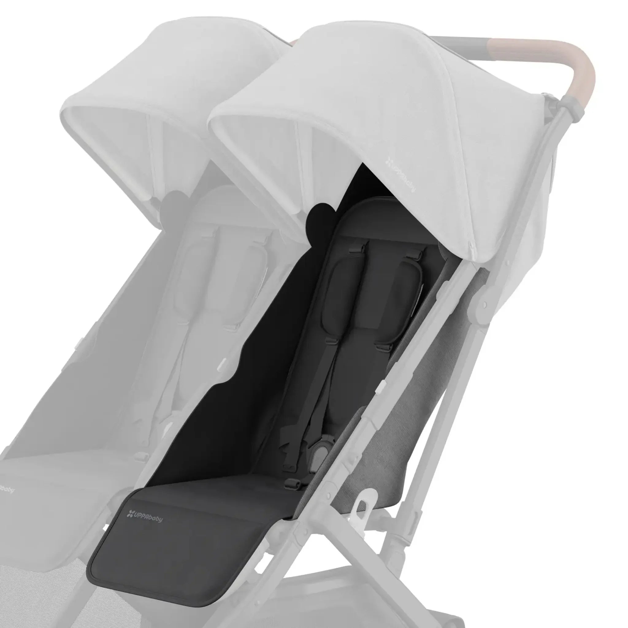 Black replacement seat fabric installed on the right side of a UPPAbaby Minu Duo double stroller frame, shown on a white background with the opposite seat faded out.