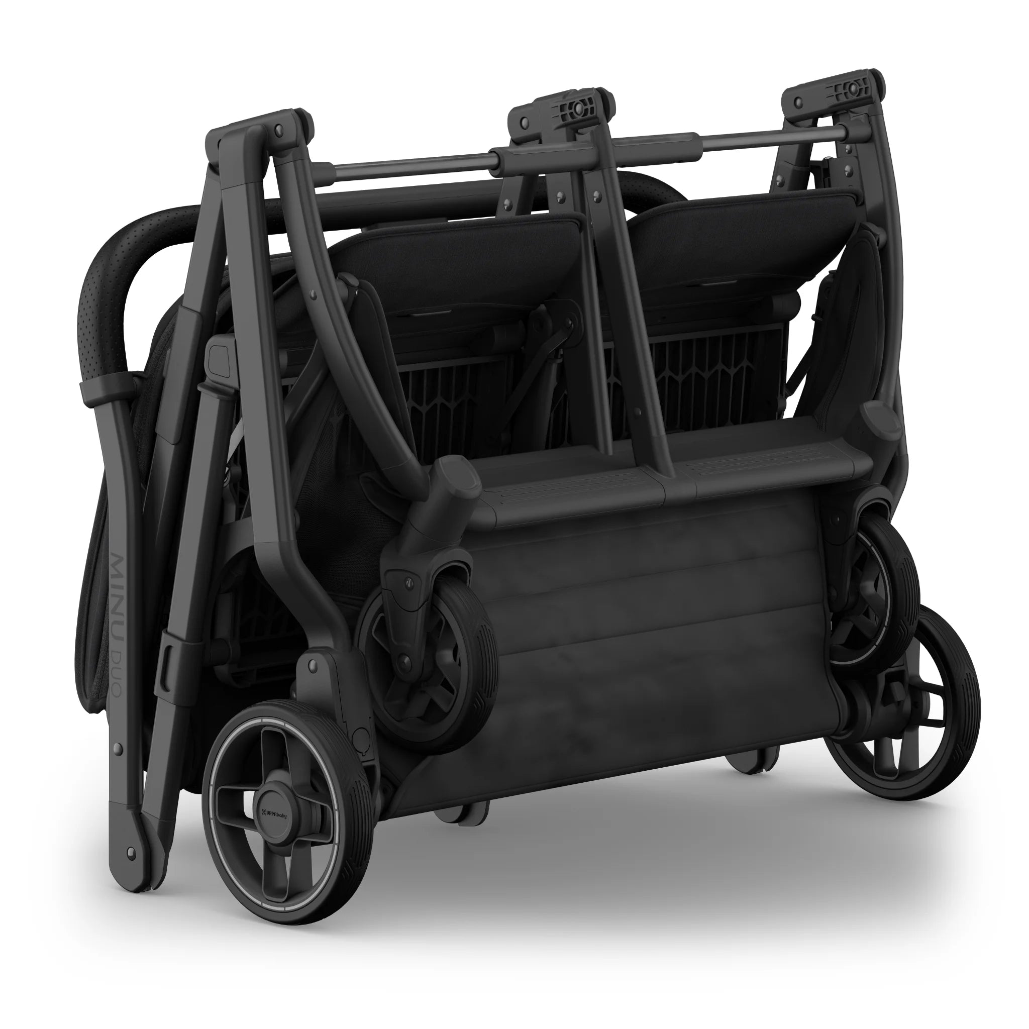 UPPAbaby Minu Duo pram compact standing while folded. onwhite background.