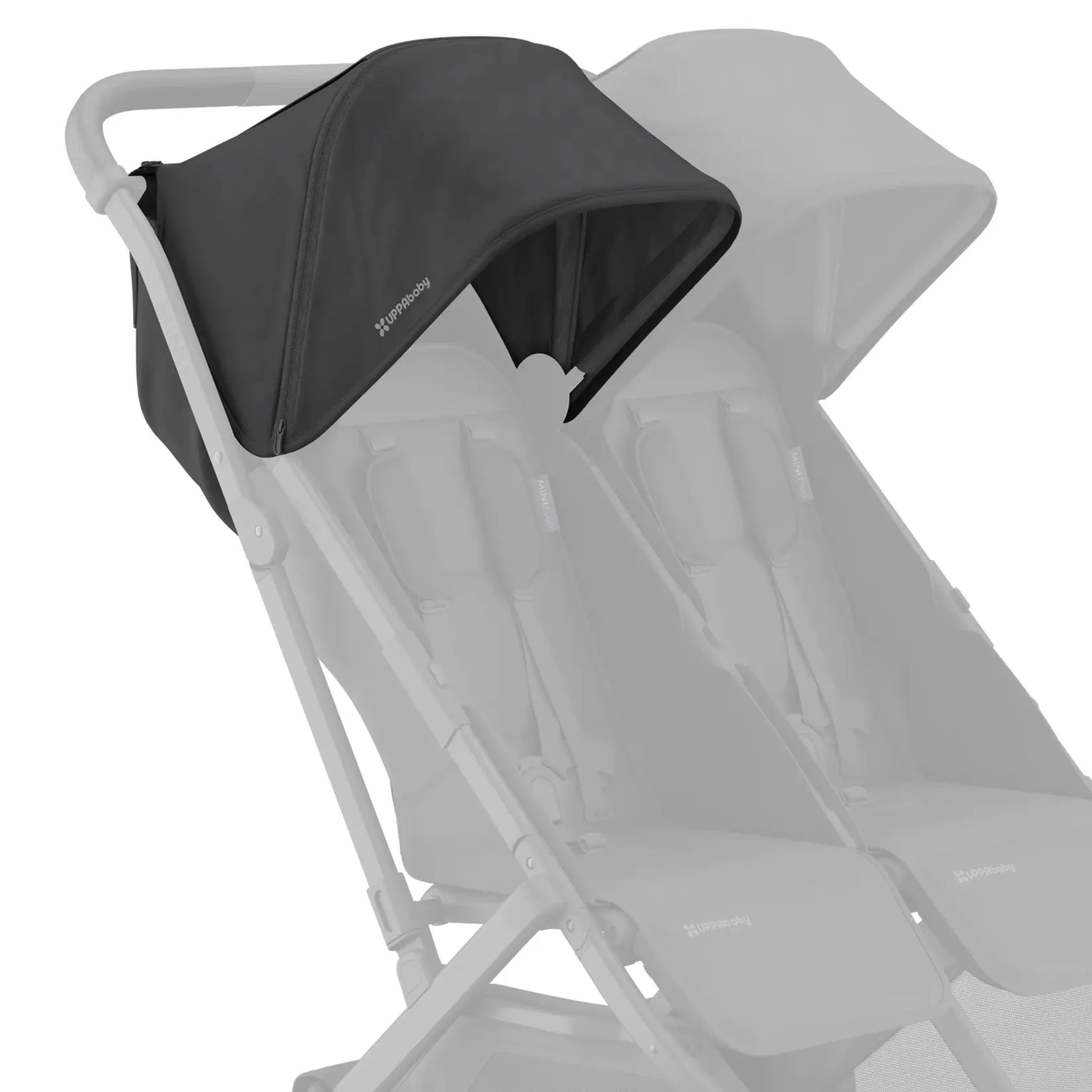 Black replacement canopy fabric attached to the left side of a UPPAbaby Minu Duo double stroller frame, shown on a white background with the opposite canopy faded out.