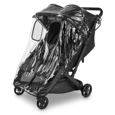 UPPAbaby Minu Duo rain shield with peek-a-boo window open, fitted over the double stroller, shown on a white background.