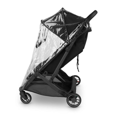 UPPAbaby Minu Duo rain shield fitted over the double stroller, side view showing clear waterproof cover on a white background.