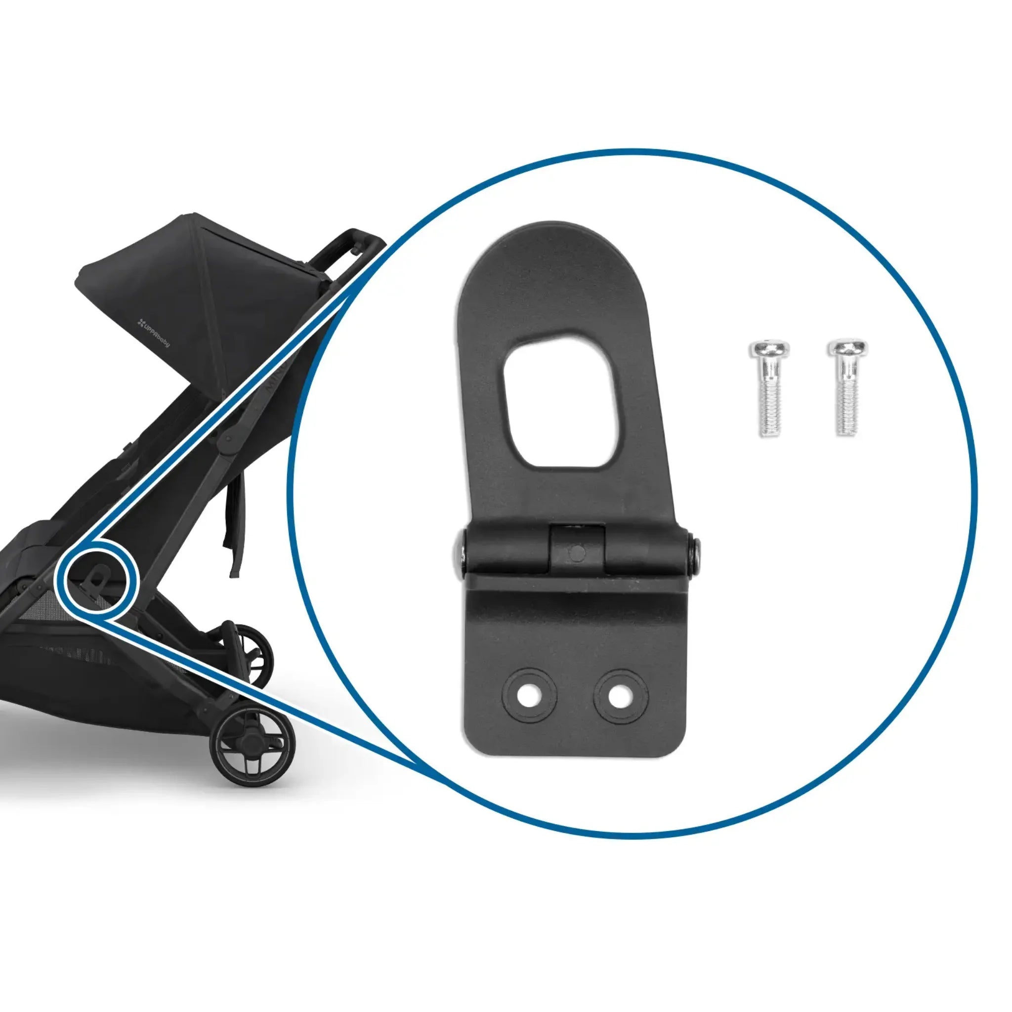 Replacement lock latch kit for the UPPAbaby Minu Duo stroller, including black mounting bracket and screws, shown with installation reference on a white background.