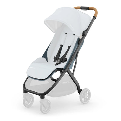 Full view of the UPPAbaby Minu V3 stroller base frame in black with a light-colored seat and canopy, shown isolated on a white background with faded wheels to highlight the replacement frame structure.
