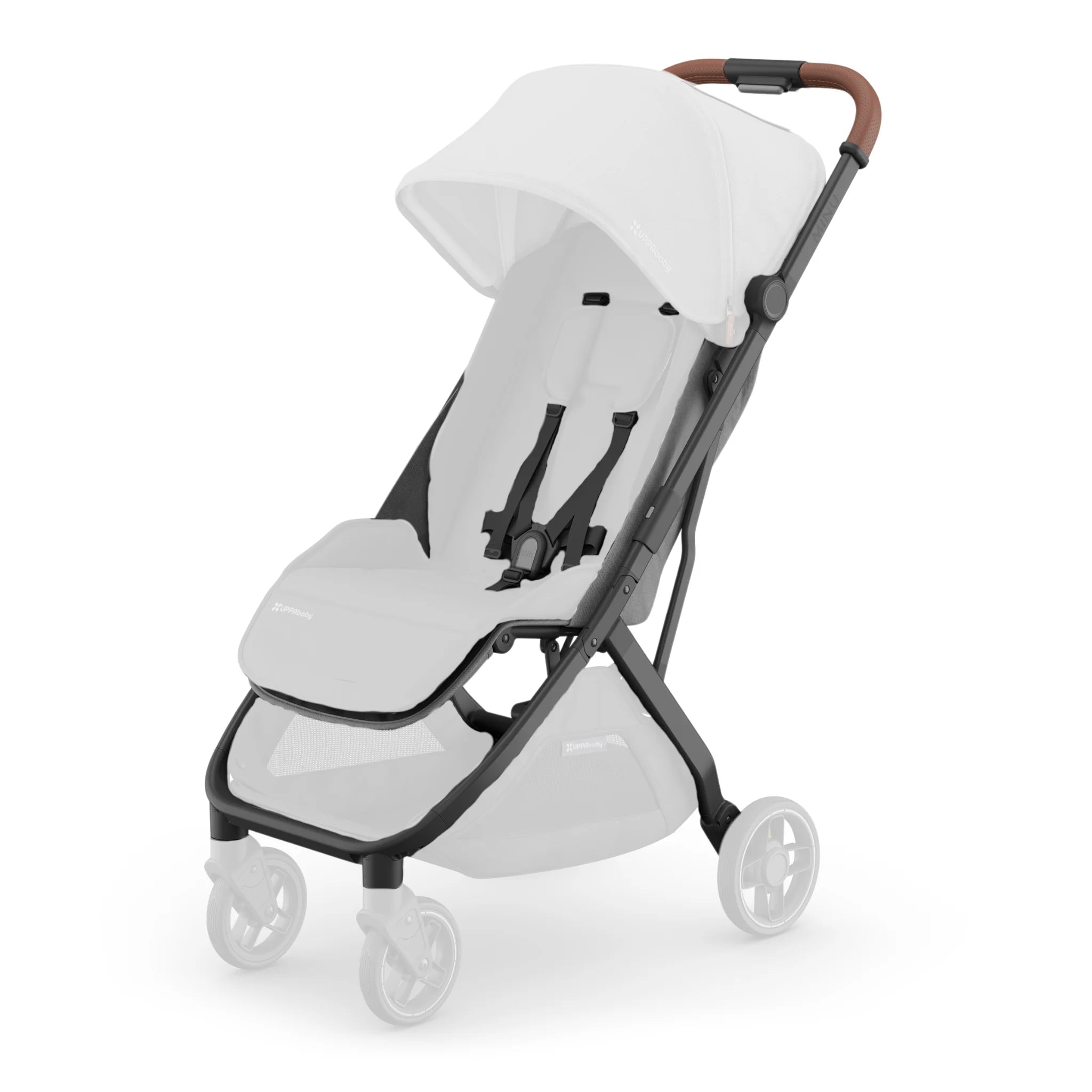 Full view of the UPPAbaby Minu V3 stroller base frame in dark gray with a light seat and canopy, shown isolated on a white background with faded wheels to emphasize the replacement frame component.