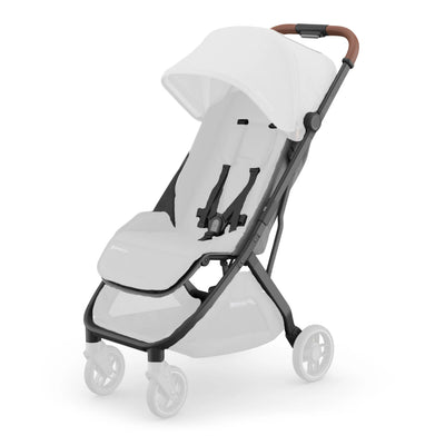 Full view of the UPPAbaby Minu V3 stroller base frame in dark gray with a light seat and canopy, shown isolated on a white background with faded wheels to emphasize the replacement frame component.