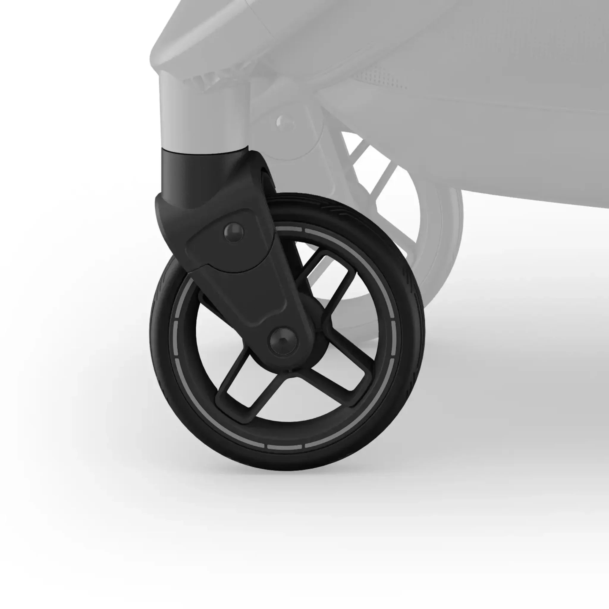 Close-up of the UPPAbaby Minu V3 front wheel, showing the swivel wheel design for smooth manoeuvrability