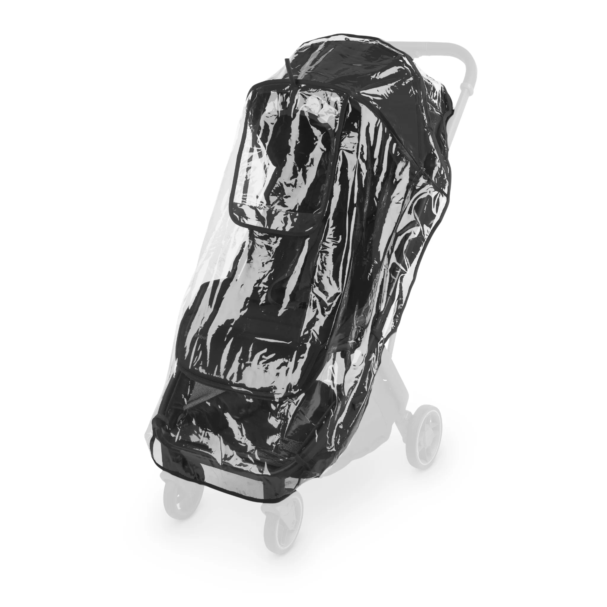 Transparent rain shield cover fitted over a UPPAbaby Minu V3 stroller, shown on a white background with the stroller faintly visible underneath.
