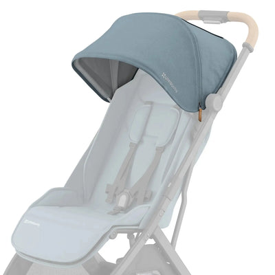 UPPAbaby Minu V3 replacement canopy fabric in blue installed on stroller, compact travel pushchair accessory