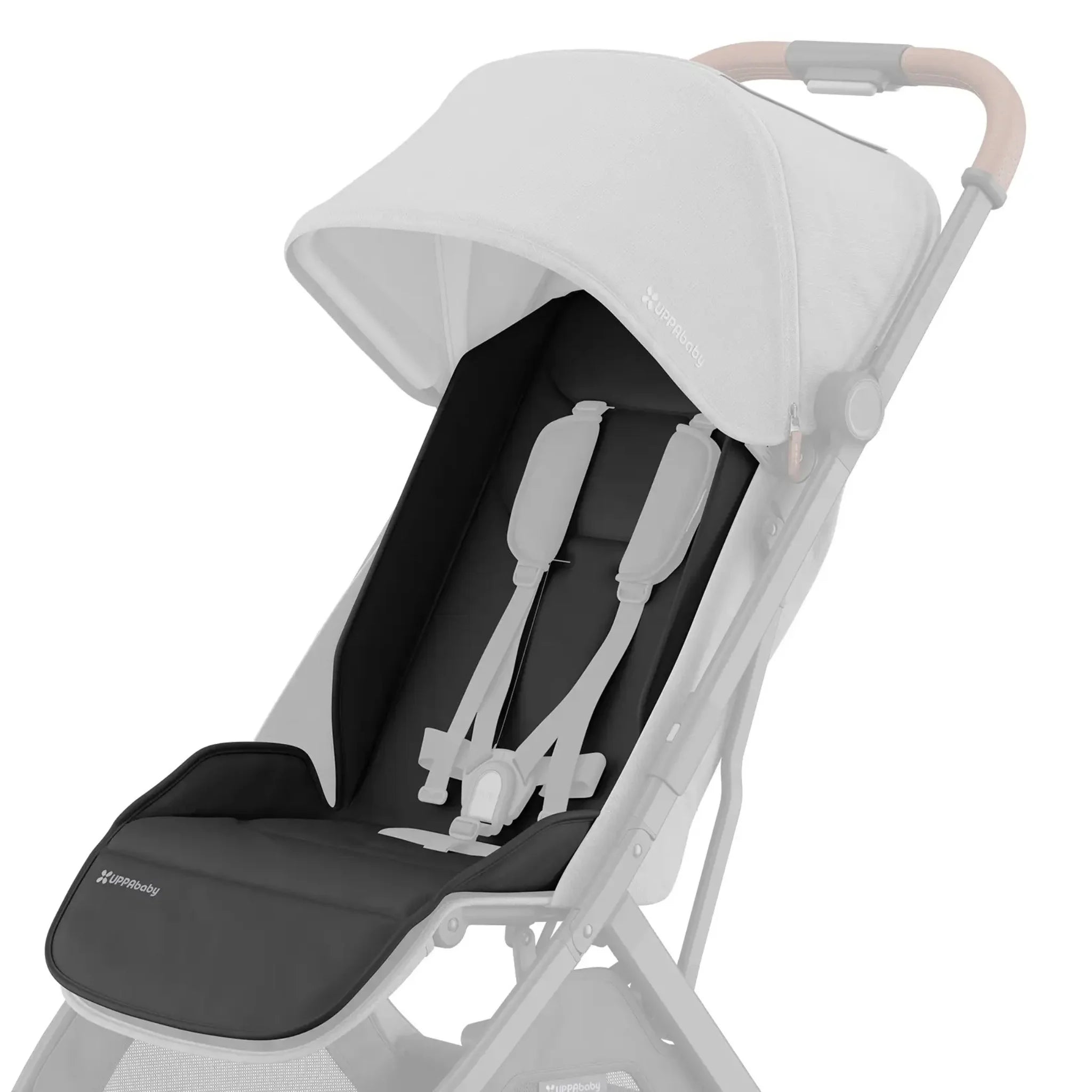 UPPAbaby Minu V3 stroller fitted with a black Greyson seat liner, featuring white harness straps and a light canopy, displayed on a white background.