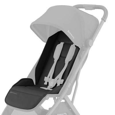 UPPAbaby Minu V3 stroller fitted with a black Jake seat liner, featuring white harness straps and a matching dark canopy, displayed on a white background.