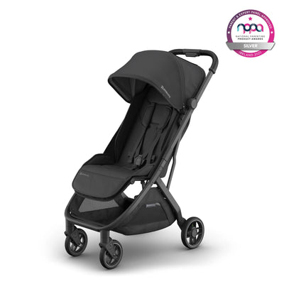 All black Minu V3 travel pram on white background with silver NPPA logo.