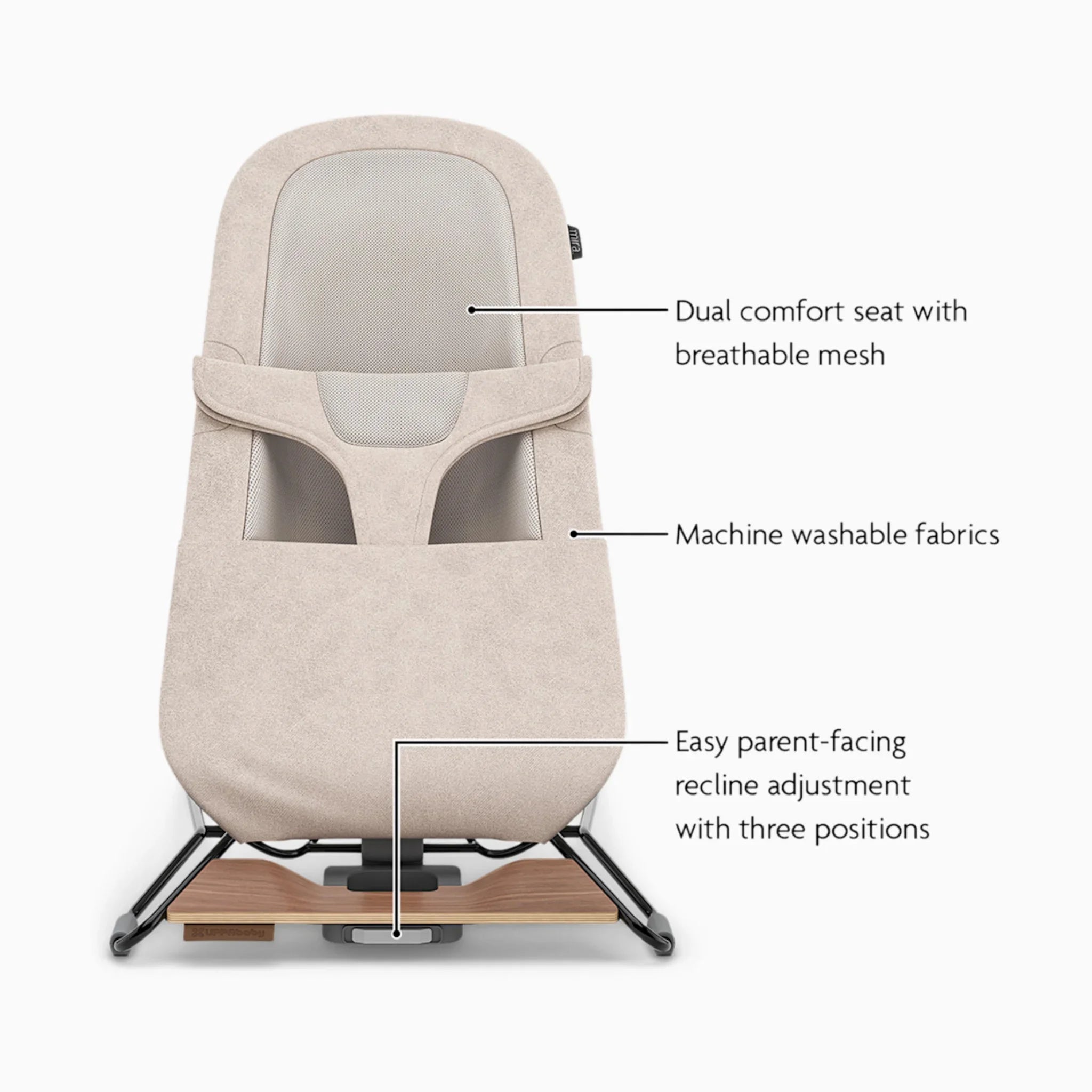 UPPAbaby Mira baby bouncer in Charlie showing breathable mesh seat, machine-washable fabrics and three-position recline