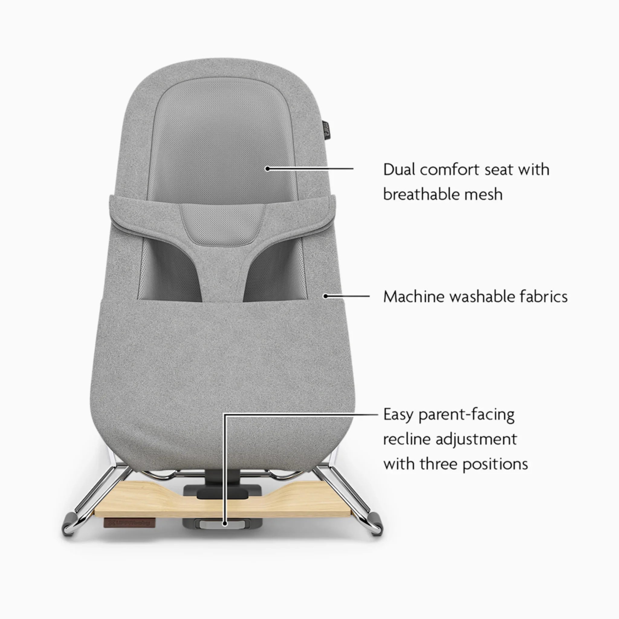 UPPAbaby Mira baby bouncer in Stella showing breathable mesh seat, machine-washable fabrics and three-position recline