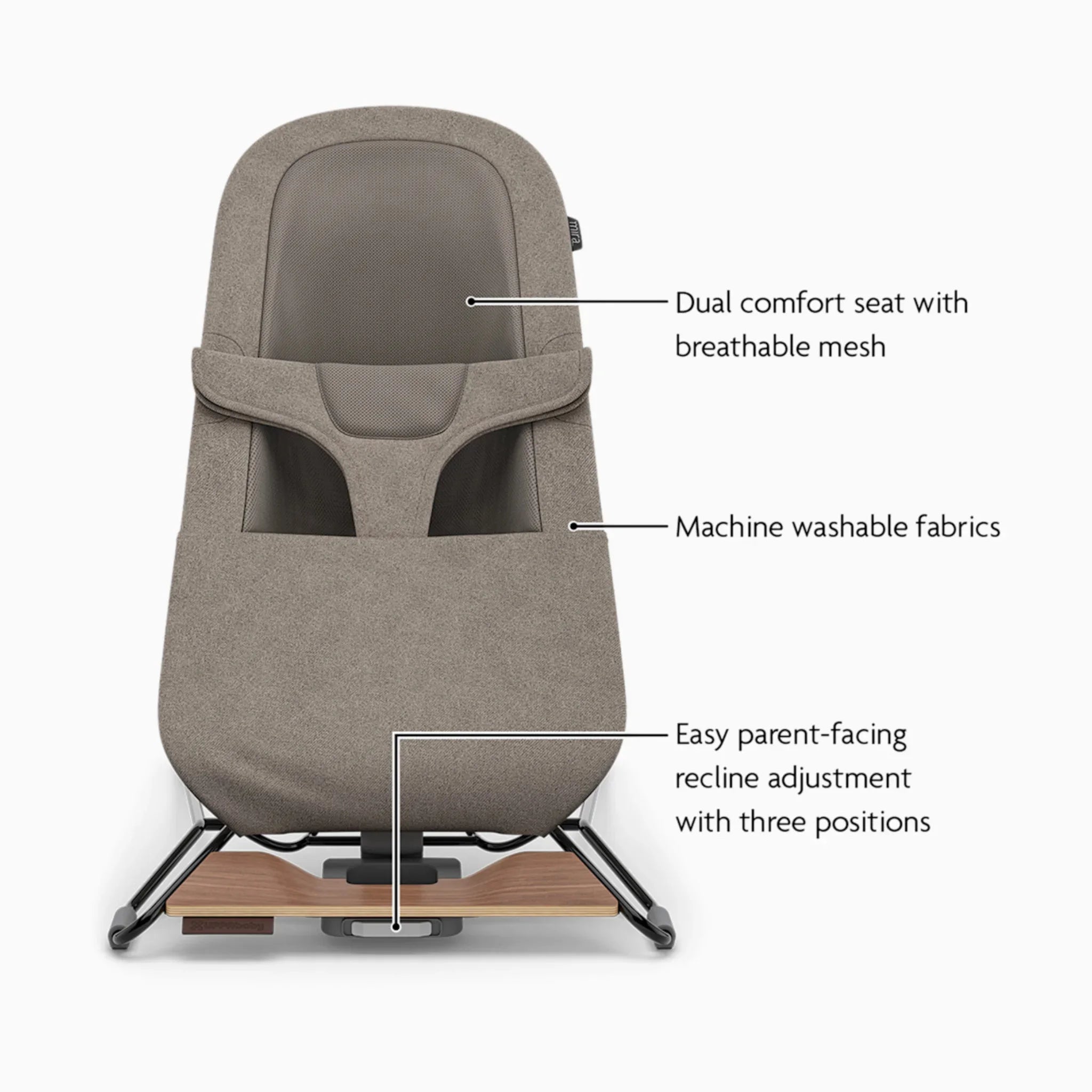 UPPAbaby Mira baby bouncer in Wells showing breathable mesh seat, machine-washable fabrics and three-position recline