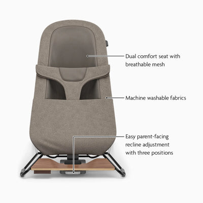 UPPAbaby Mira baby bouncer in Wells showing breathable mesh seat, machine-washable fabrics and three-position recline