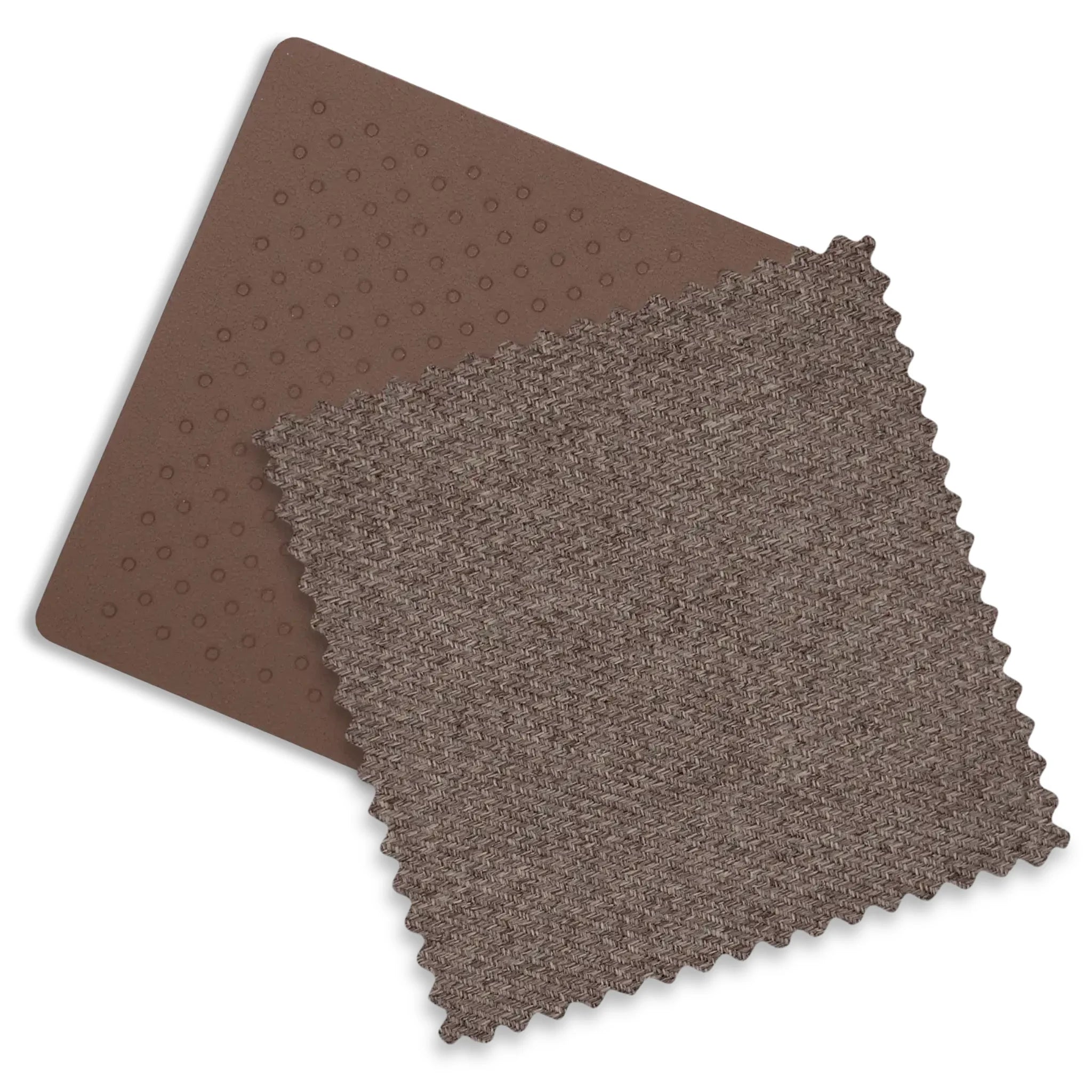 Close-up of chestnut leather and mocha melange fabrics of the Owen fashion.