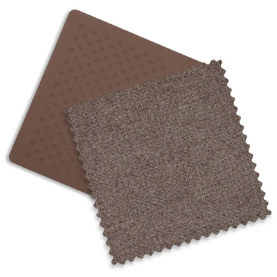 Close-up of chestnut leather and mocha melange fabrics of the Owen fashion.