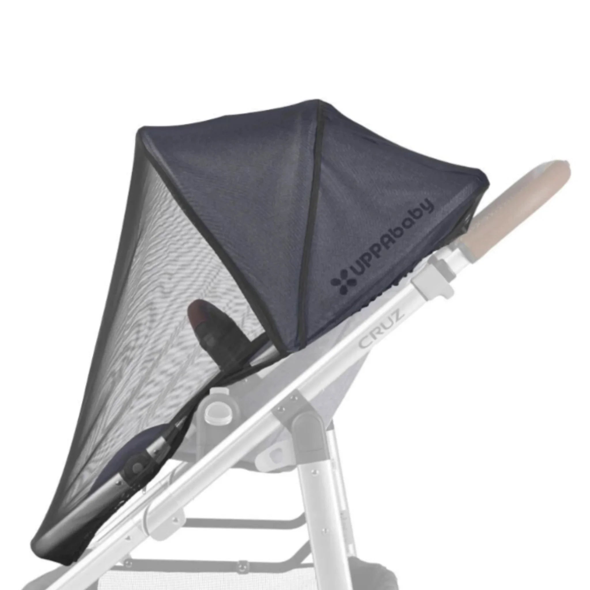 UPPAbaby replacement bug shield fitted to a Vista or Cruz stroller seat, featuring black mesh sides and canopy, shown on a white background.